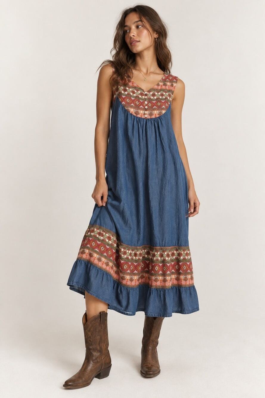 Vintage National Cotton Fair Isle Folk Boho Midi Dress Size L